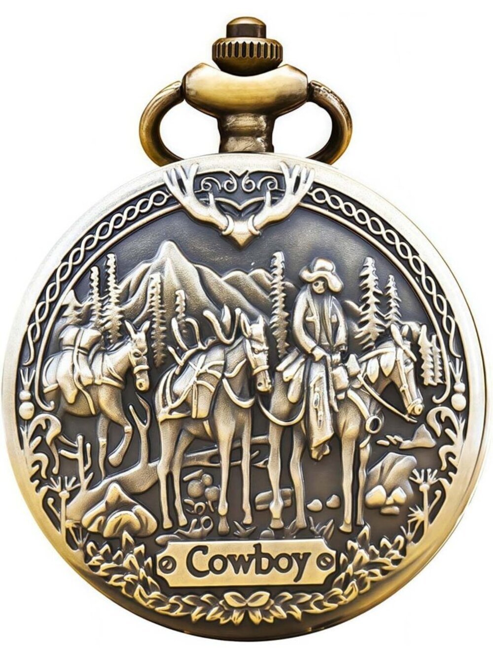 Men's Brown Quartz Engraved Cowboys Bronze Arabic Numerals Chain Pocket Watch
